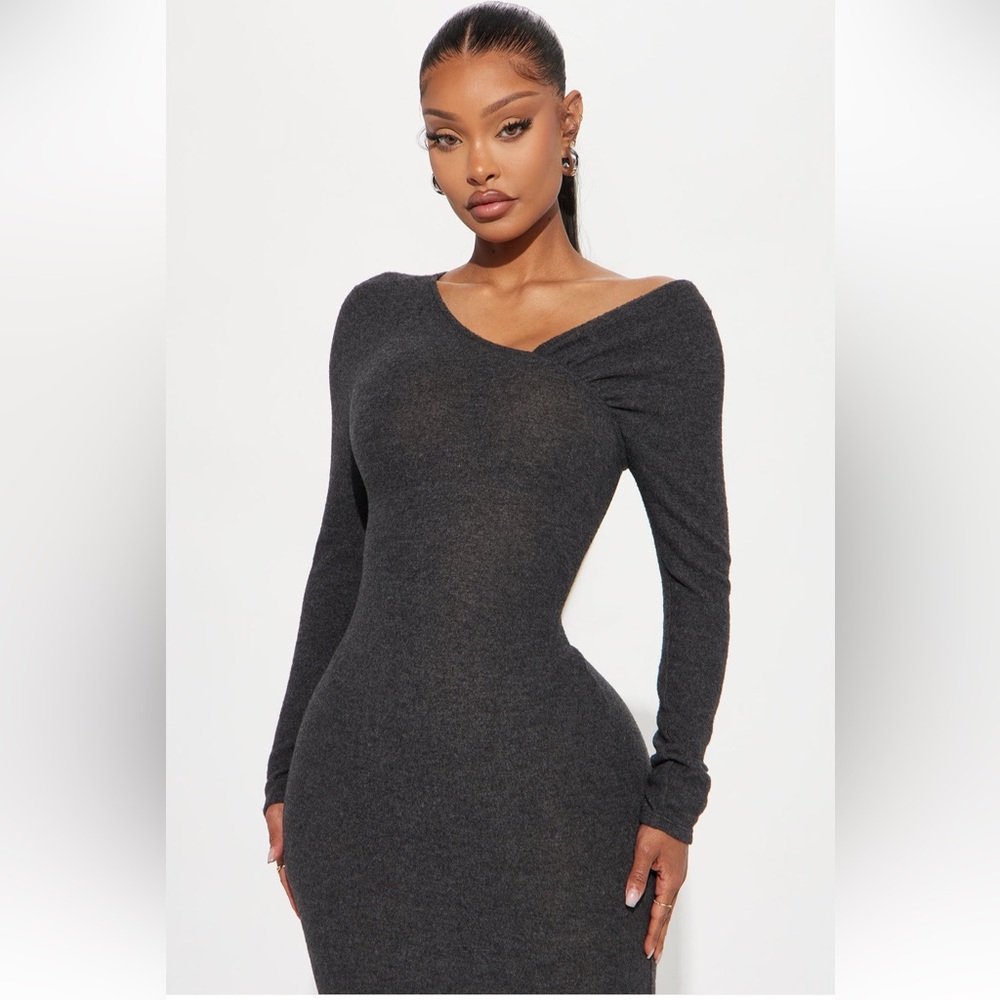 Fashion Nova Charcoal Off-Shoulder Bodycon Dress